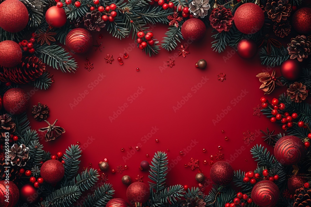 Festive Red Christmas Ornaments with Golden Accents on Fir Branches copy space for test Festive Red Christmas Ornaments with Golden Accents on Fir Branches copy space for test