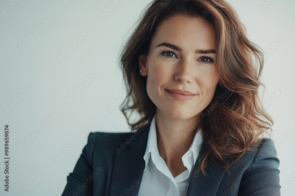 Professional Woman in a Tailored Suit Poses Confidently Against a Neutral Background During an Office Environment Professional Woman in a Tailored Suit Poses Confidently Against a Neutral Background During an Office Environment