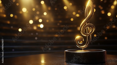 Award statuette as a treble clef, music award on a black podium on a beautiful dark gold background with bokeh and space for text or inscriptions
