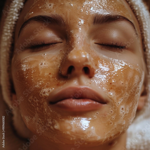 A girl applies a cosmetological natural face mask, face cream