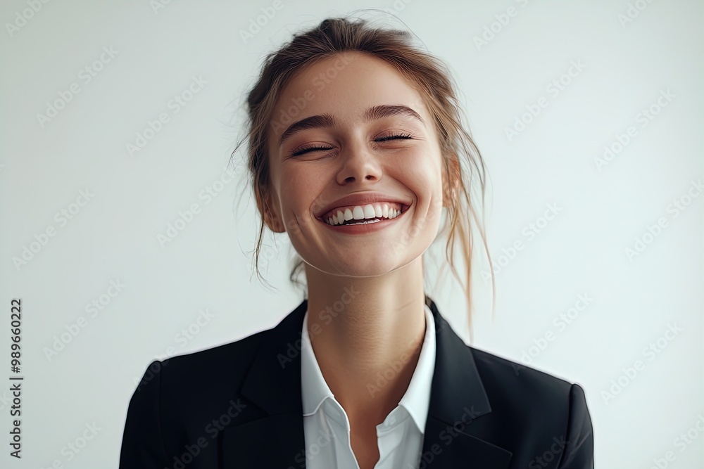 A Young Woman in a Business Suit Smiles Brightly While Posing in a Modern Office Setting During the Daytime A Young Woman in a Business Suit Smiles Brightly While Posing in a Modern Office Setting During the Daytime
