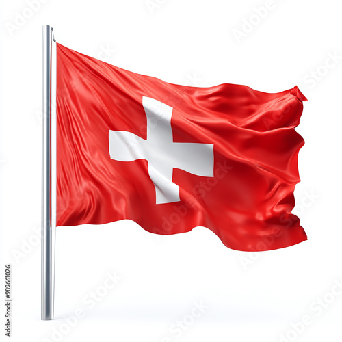 Swiss Flag Waving in the Wind Symbolizing National Pride and Heritage photo