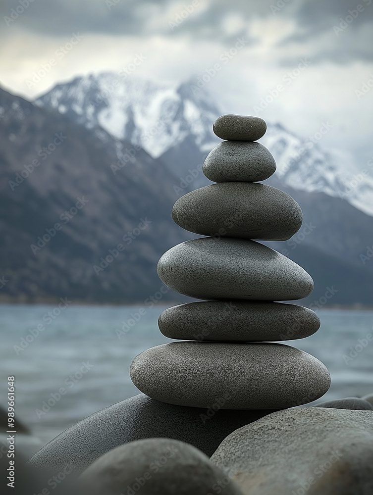 Balanced stone cairn by the lake with snow-capped mountains in the background, peaceful nature scene Balanced stone cairn by the lake with snow-capped mountains in the background, peaceful nature scene