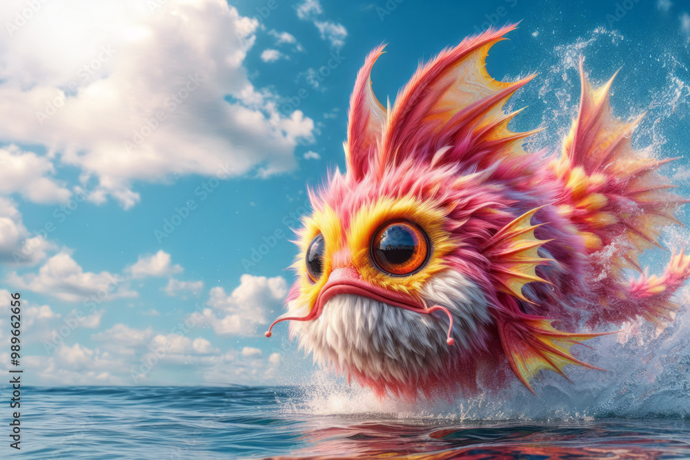 Surreal creature blending fish and fluffy mammal traits, featuring vivid pink and yellow fur, big fins, large eye, and small mouth, creating splashes above water, set against a bright blue sky Surreal creature blending fish and fluffy mammal traits, featuring vivid pink and yellow fur, big fins, large eye, and small mouth, creating splashes above water, set against a bright blue sky