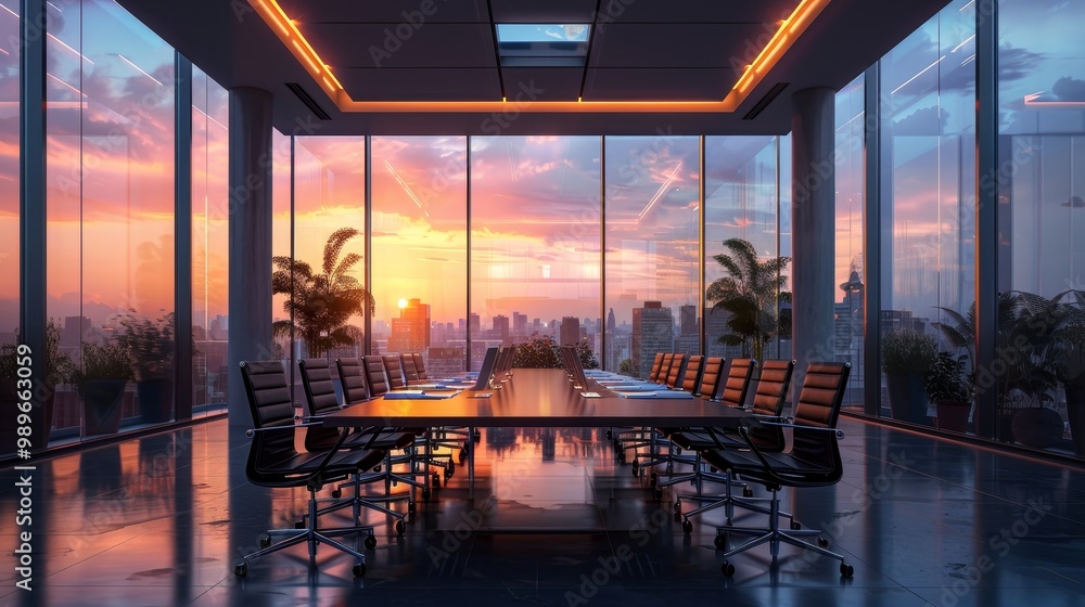 Fototapeta premium A stunning conference room with a panoramic sunset view, featuring modern design and spacious seating, perfect for meetings and collaborations.