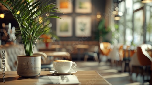 A cozy café scene featuring a potted plant and a cup of coffee on a wooden table, illuminated by natural light and adorned with art in the background.