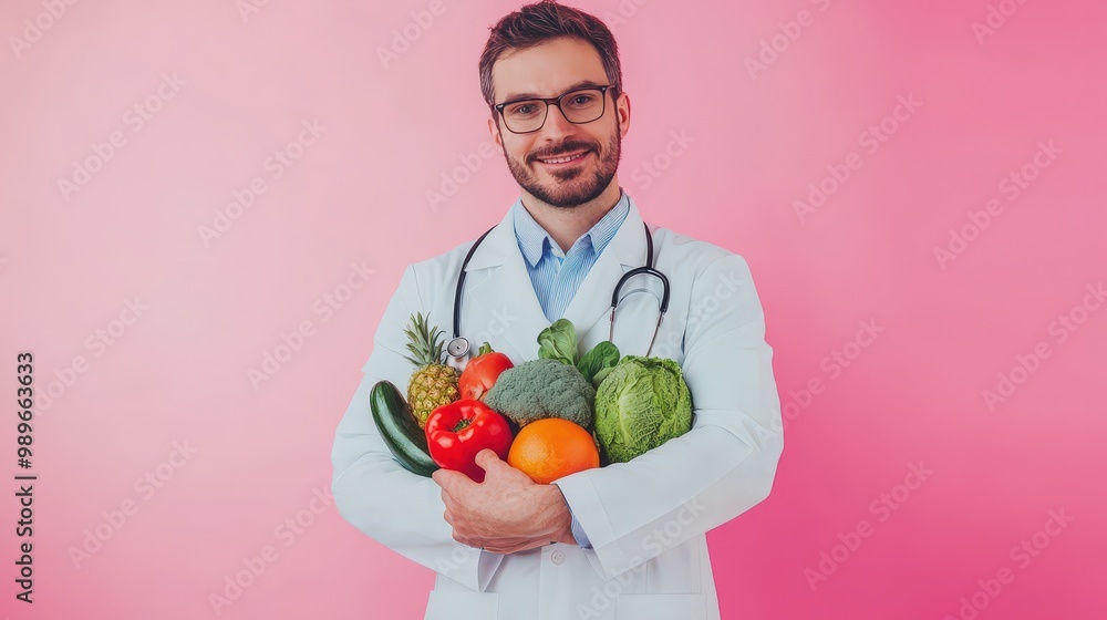 Modern Doctor Presenting Fresh Produce for Food Sensitivity Testing on Pastel Background