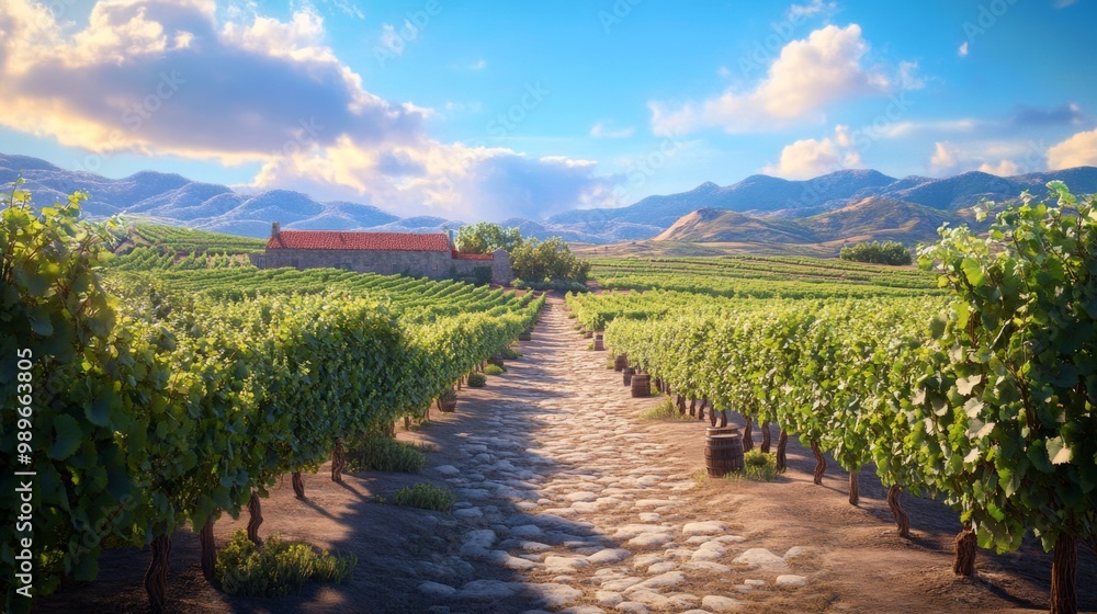 Beautiful vineyard landscape with lush grapevines, cobblestone path, and panoramic view of rolling hills under a clear sky during sunset, showcasing nature's tranquility. Beautiful vineyard landscape with lush grapevines, cobblestone path, and panoramic view of rolling hills under a clear sky during sunset, showcasing nature's tranquility.
