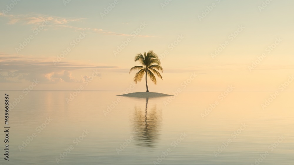 A serene tropical island with a solitary palm tree reflected in calm waters at sunset.
