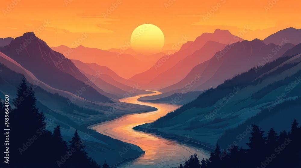 Obraz premium Serene Sunset Glow: Minimalist Vector Illustration of River Winding Through Valley