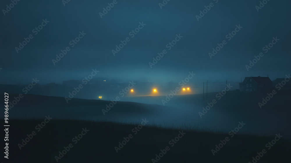 A foggy night with a road in the middle of a field A foggy night with a road in the middle of a field