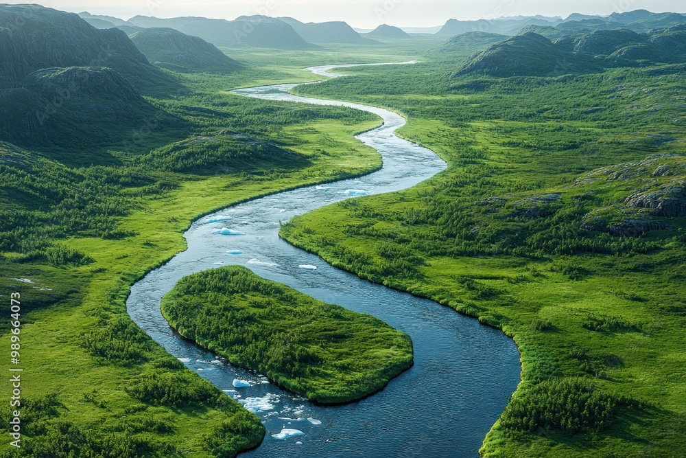 Aerial View of Winding River in Lush Green Valley Aerial View of Winding River in Lush Green Valley