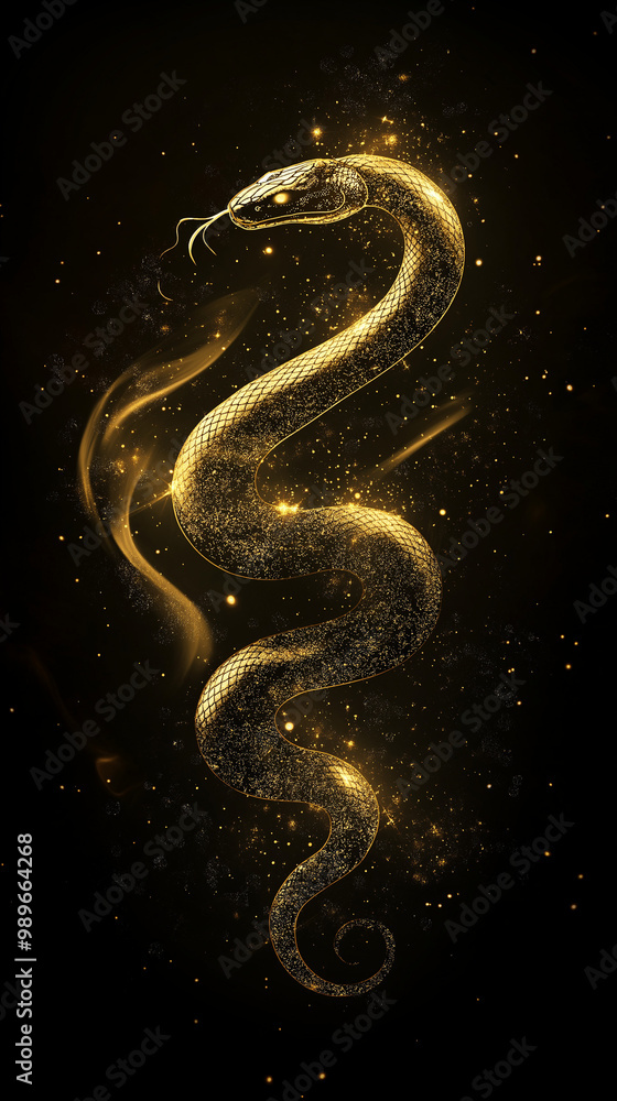 Golden glitter snake on dark background, fantasy illustration with glowing sparkles Golden glitter snake on dark background, fantasy illustration with glowing sparkles