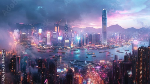 This image captures a vibrant nighttime cityscape with numerous skyscrapers and lights reflecting off the harbor, portraying the hustle and bustle of city life at dusk.