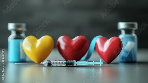 Diabetes Awareness Diabetes support symbols, ribbon, heart, and syringe, 3D illustration photo