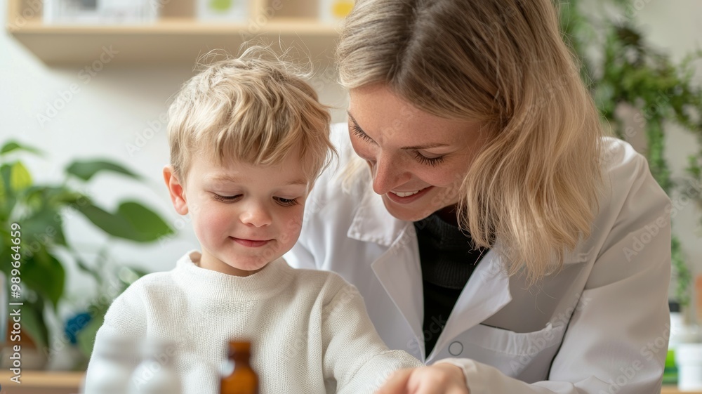 A woman and a child are looking at a bottle A woman and a child are looking at a bottle