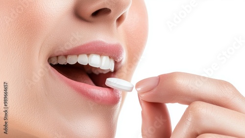 A woman is taking a pill with her mouth open