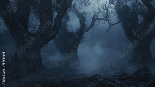 A haunting, foggy night enveloping the dark forest, mist drifting around the shadowy outlines of old trees.