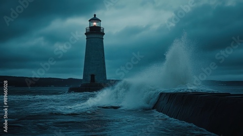 A lighthouse stands tall against turbulent waves under a dark, cloudy sky.