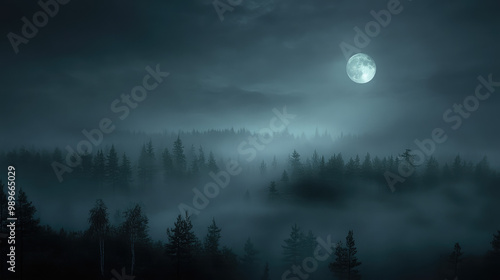 A thick fog envelops the landscape under a pitch-black sky, creating a mysterious, unsettling atmosphere.