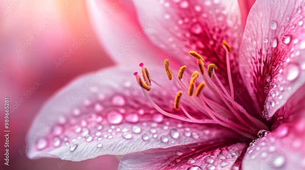 A stunning close-up photograph capturing the intricate details of pink flower petals adorned with sparkling water droplets, highlighting nature's delicate beauty. A stunning close-up photograph capturing the intricate details of pink flower petals adorned with sparkling water droplets, highlighting nature's delicate beauty.