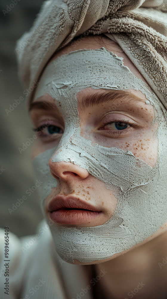 A girl applies a cosmetological natural face mask, face cream A girl applies a cosmetological natural face mask, face cream