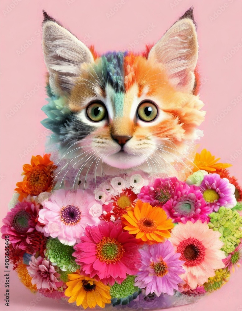 A whimsical cat's face, adorned with vibrant, swirling colors, blends seamlessly with an array of bright blooms, creating a stunning fusion of feline charm and floral artistry. A whimsical cat's face, adorned with vibrant, swirling colors, blends seamlessly with an array of bright blooms, creating a stunning fusion of feline charm and floral artistry.