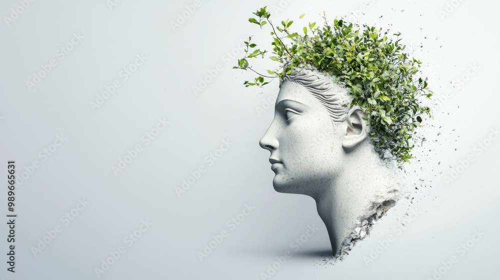 A man's face is shown with a green plant growing out of his head A man's face is shown with a green plant growing out of his head