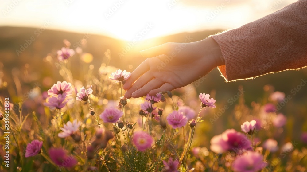 A hand gently touches blooming flowers in a sunlit field, symbolizing connection with nature. A hand gently touches blooming flowers in a sunlit field, symbolizing connection with nature.