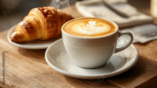 A steaming latte with intricate latte art, next to a flaky croissant, both resting on a rustic wooden table, symbolizing a cozy morning or relaxed cafe experience. photo