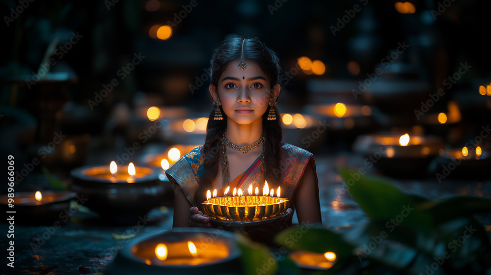 girl holding a candle ornament during the celebrations of diwali and hanukkah, incorporating elements of religion and new year ceremonies in the hindu festival
