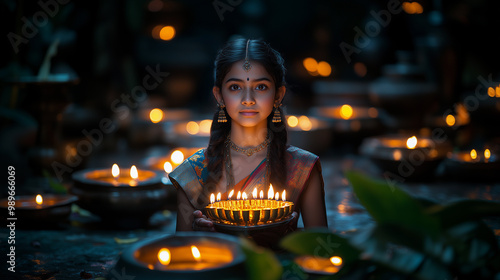 Obraz na płótnie girl holding a candle ornament during the celebrations of diwali and hanukkah, incorporating elements of religion and new year ceremonies in the hindu festival w salonie