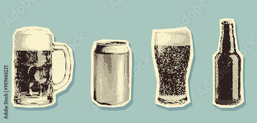 Retro halftone beer mug, can, glass, and bottle. Pop art set. Pixel, photocopy effect. Grunge bitmap texture. Perfect for Oktoberfest designs, pub advertisements, bar promotions and branding.
