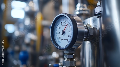 A sharp close-up of a temperature gauge attached to a stainless steel tank, emphasizing the clarity of the digital readout against the industrial metal surface photo