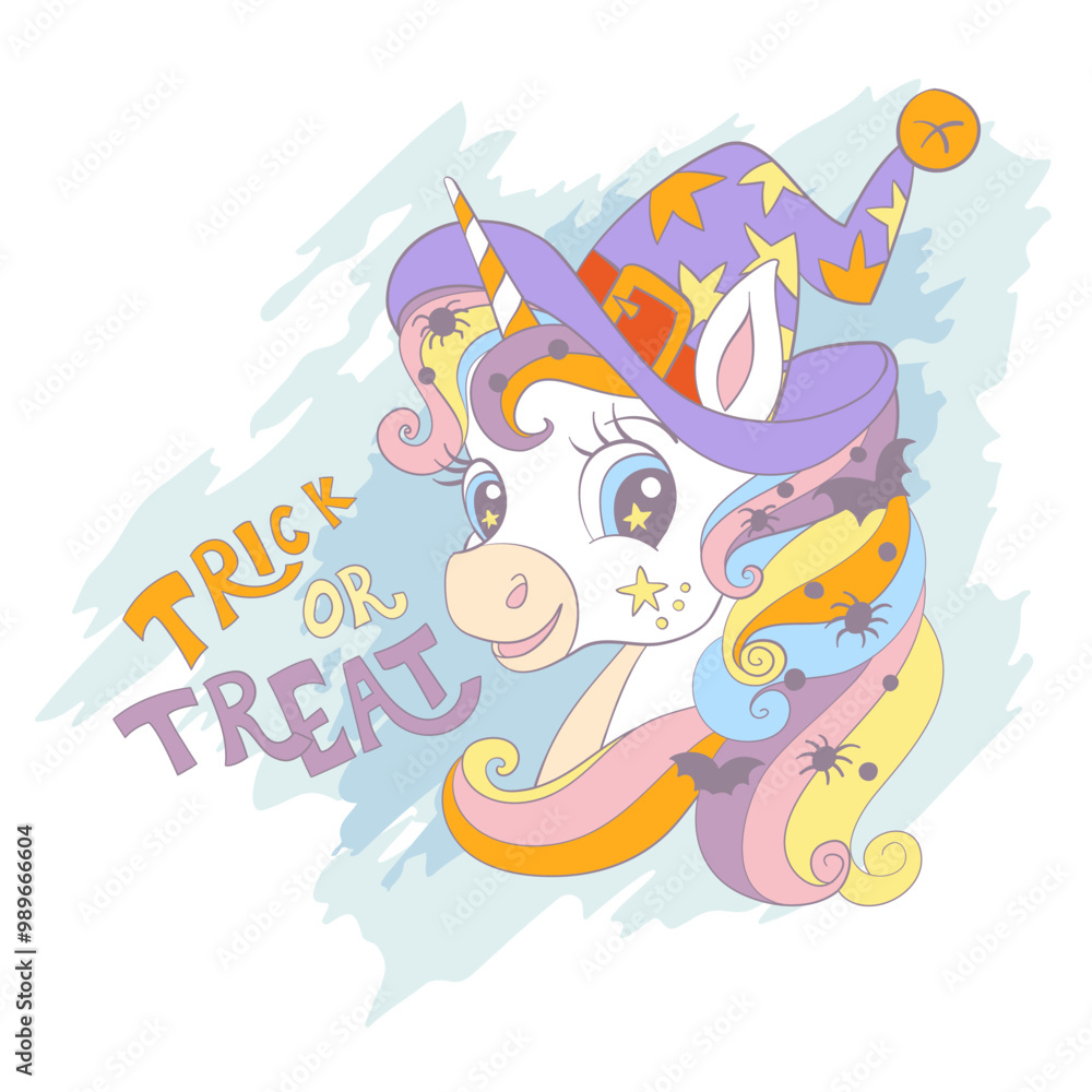 Naklejka premium Halloween card with unicorn head vector illustration