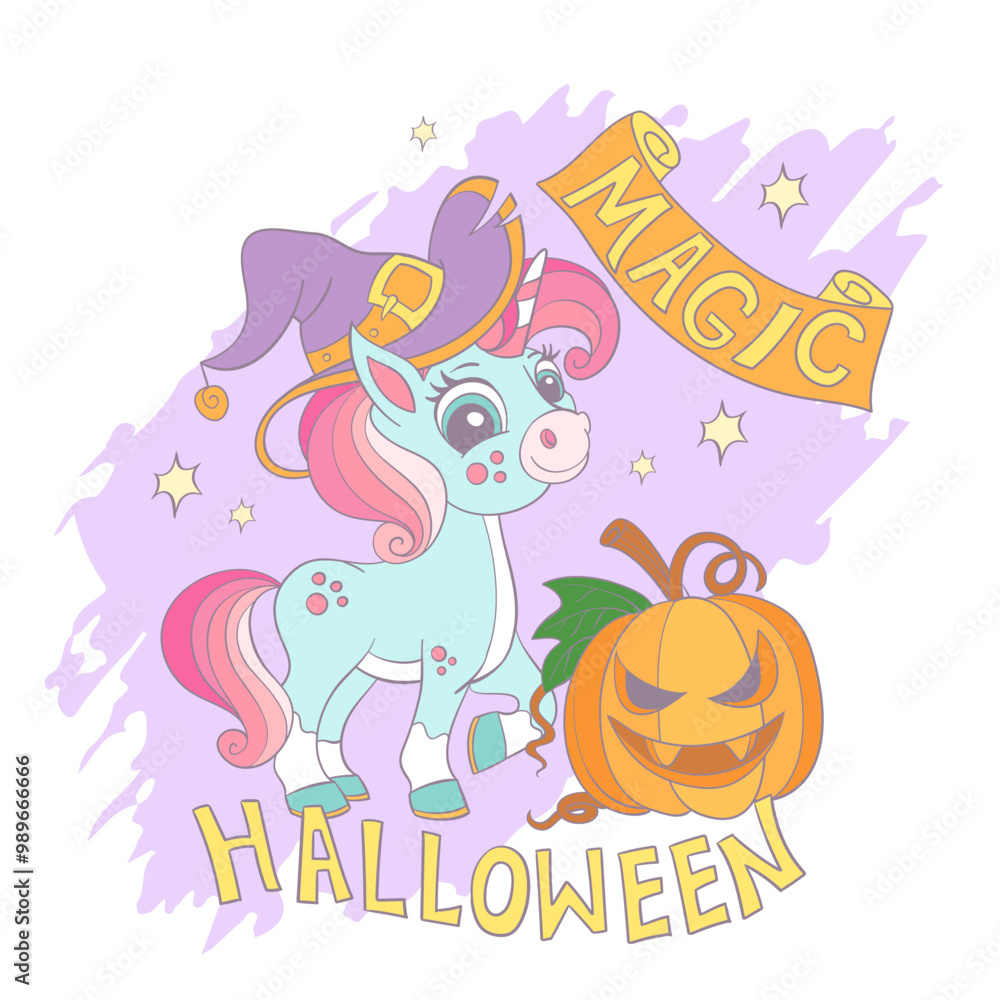 Magic Halloween card with unicorn vector illustration Magic Halloween card with unicorn vector illustration