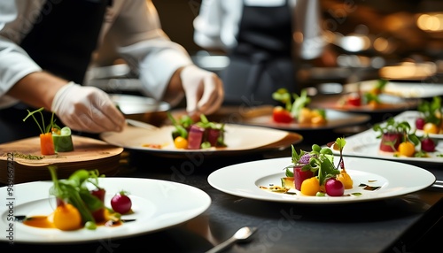 Gourmet Dish Plating in High-End Restaurant Kitchen Showcasing Culinary Presentation, Fresh Ingredients, and Creativity for an Exquisite Fine Dining Experience