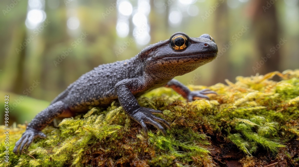 A close-up of a textured amphibian on moss in a lush forest setting. A close-up of a textured amphibian on moss in a lush forest setting.