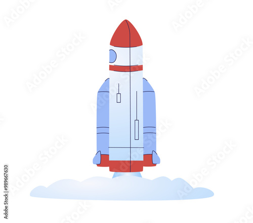 Flying space rocket in space, startup concept. Spaceship launch. Rocket cartoon doodle icon. Creative conceptual symbols