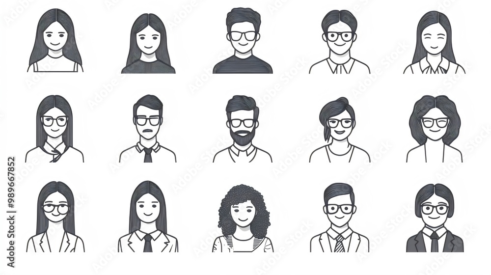 Collection of Minimalist Black Line Icons of Business People in Office Attire on a White Background Collection of Minimalist Black Line Icons of Business People in Office Attire on a White Background