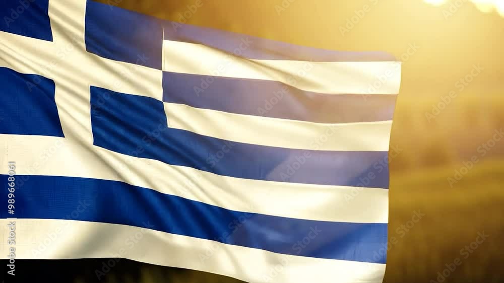 A Greek flag waves prominently against a backdrop of warm sunlight, representing national pride and identity during a cultural celebration in Greece A Greek flag waves prominently against a backdrop of warm sunlight, representing national pride and identity during a cultural celebration in Greece