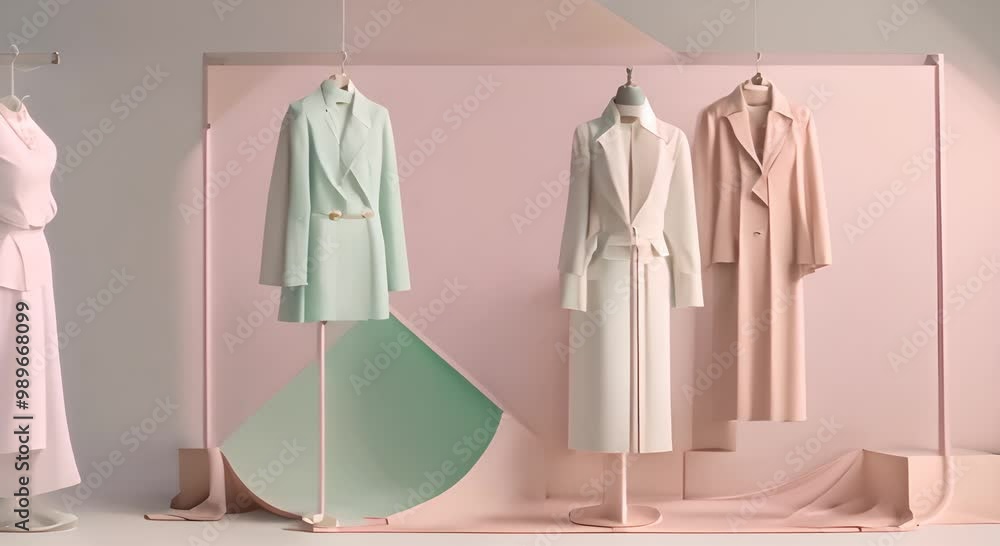 A stand with different garments in pastel colors White clear background animation 4k animation A stand with different garments in pastel colors White clear background animation 4k animation
