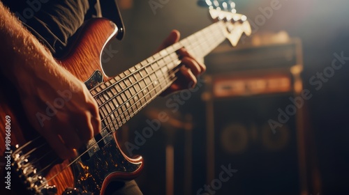 Close-up of a Musician Playing a Bass Guitar on Stage photo