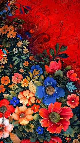  Colorful floral illustration in traditional Palekh art style with vibrant patterns and intricate details on red background photo