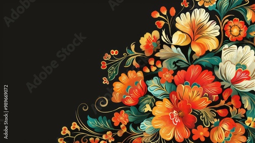  Floral Palekh style illustration on black background featuring vibrant colors and intricate Russian art elements photo