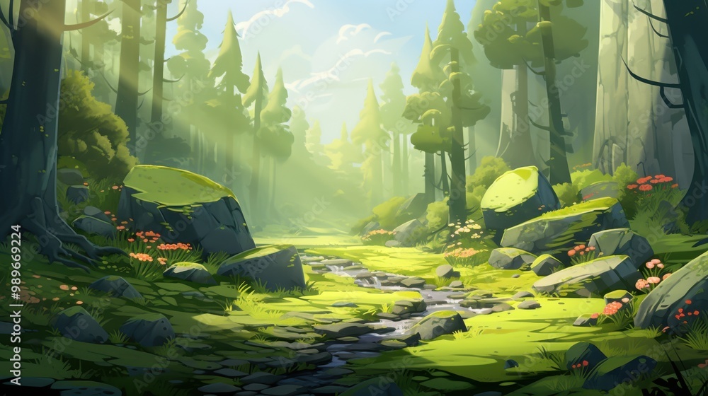 Obraz premium Sunlit Forest Path with Stream and Mossy Rocks