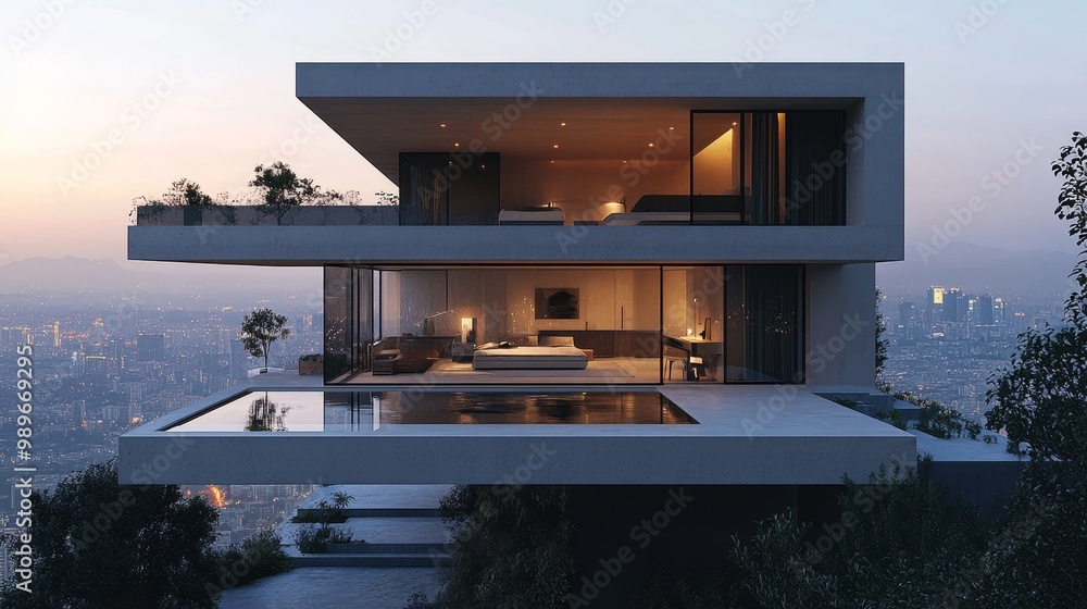 Fototapeta premium Minimalist cube house with cantilevered balconies, floor-to-ceiling corner windows reflecting a cityscape, futuristic design, dusk lighting, 3D rendering, sharp lines