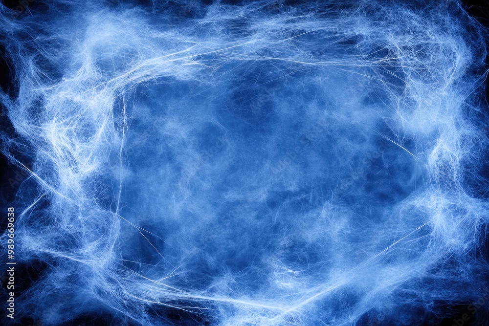 A mesmerizing display of delicate blue strands creates an ethereal atmosphere reminiscent of swirling mist in the depths of a tranquil forest at dawn. Halloween background, copy space. A mesmerizing display of delicate blue strands creates an ethereal atmosphere reminiscent of swirling mist in the depths of a tranquil forest at dawn. Halloween background, copy space.