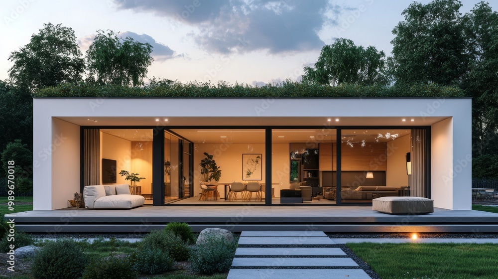 Fototapeta premium Minimalist white cube house with a lush green roof, large glass sliding doors opening onto a modern patio, bathed in soft natural light, Scandinavian, Photorealism, Soft colors