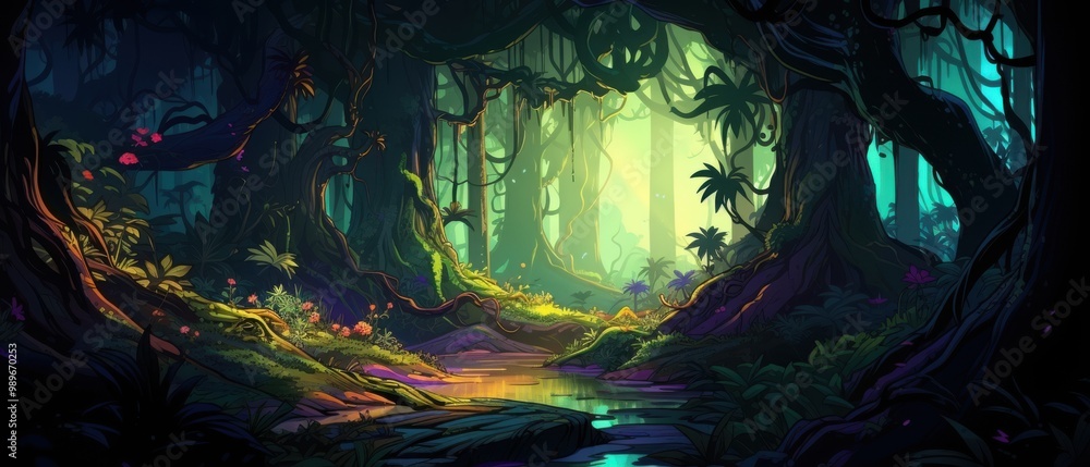 Fototapeta premium Lush Tropical Rainforest with a Stream Winding Through Dense Foliage